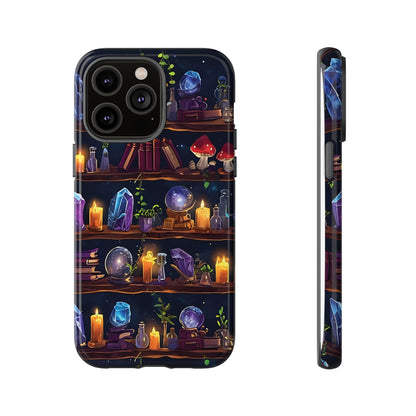 Fantasy Seamless Pattern Of Wooden Shelves Filled With Mystical Items phone case design.