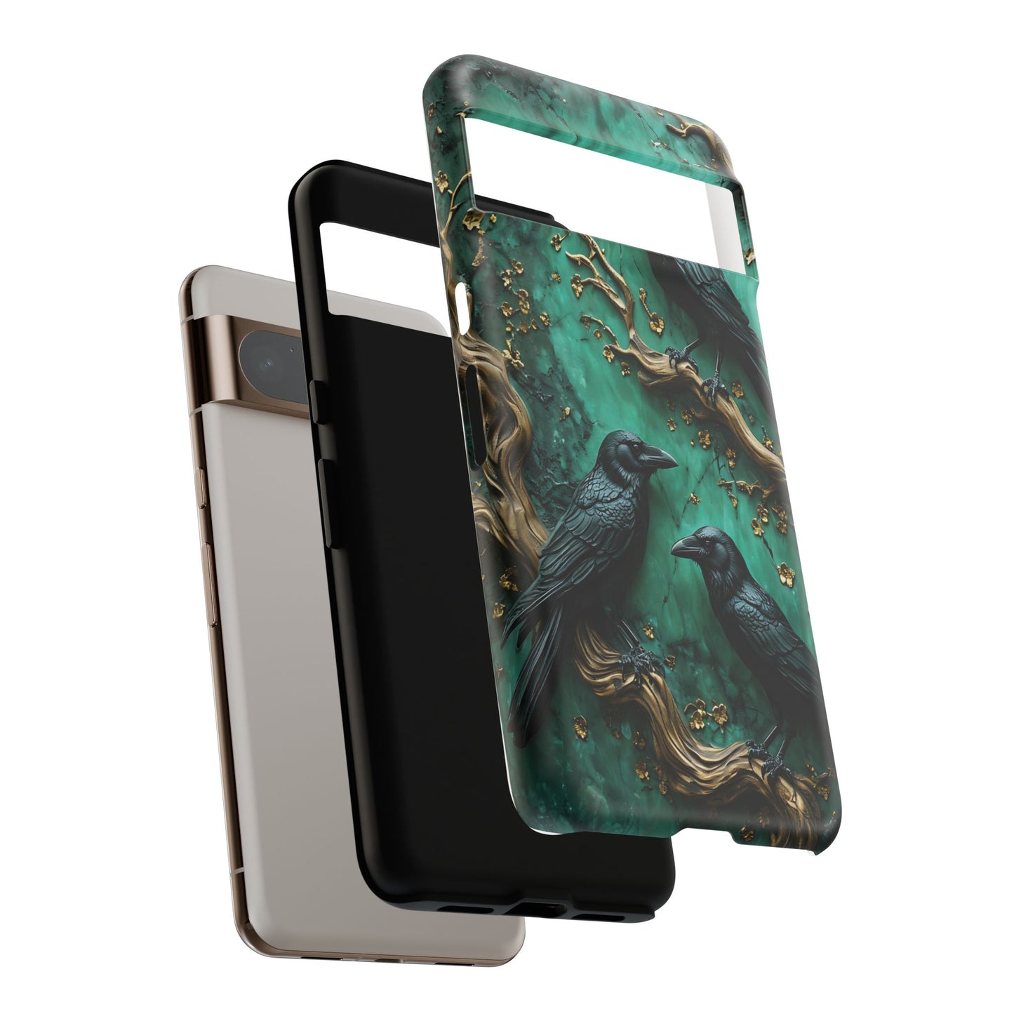 Three Black Ravens Perched On Gold-Accent Branches phone case design