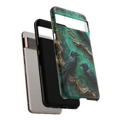 Three Black Ravens Perched On Gold-Accent Branches phone case design