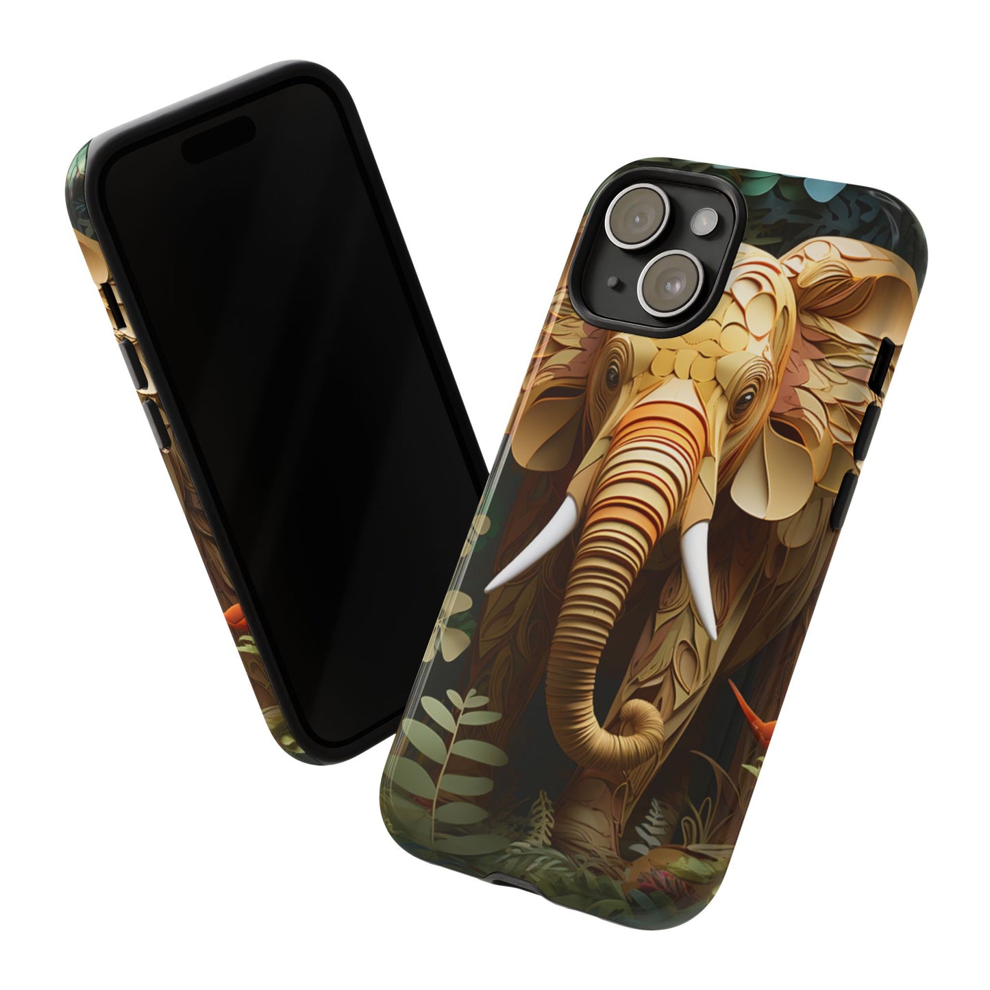 Golden Jungle Elephant Mobile Cover – Intricate Paper Art Design