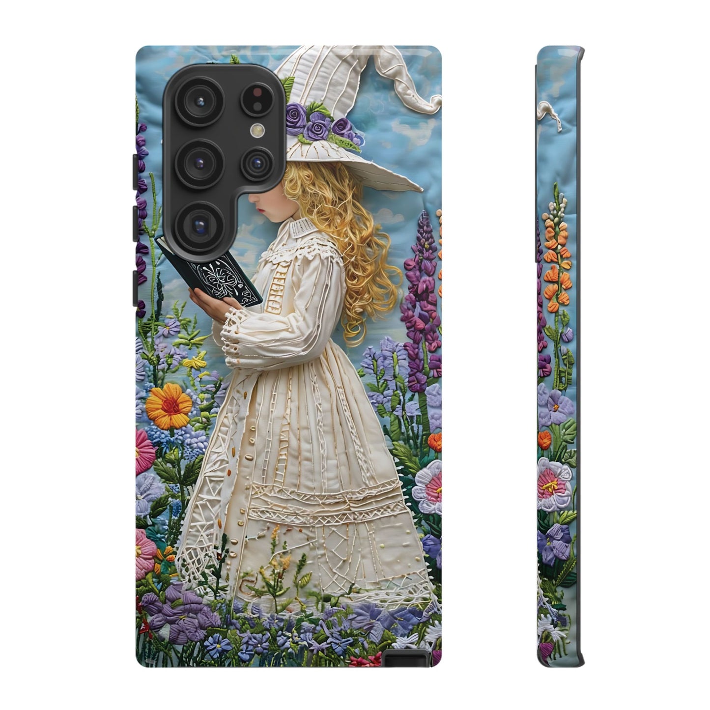 Whimsical Embroidery Of A Girl Reading In A Garden phone case design.