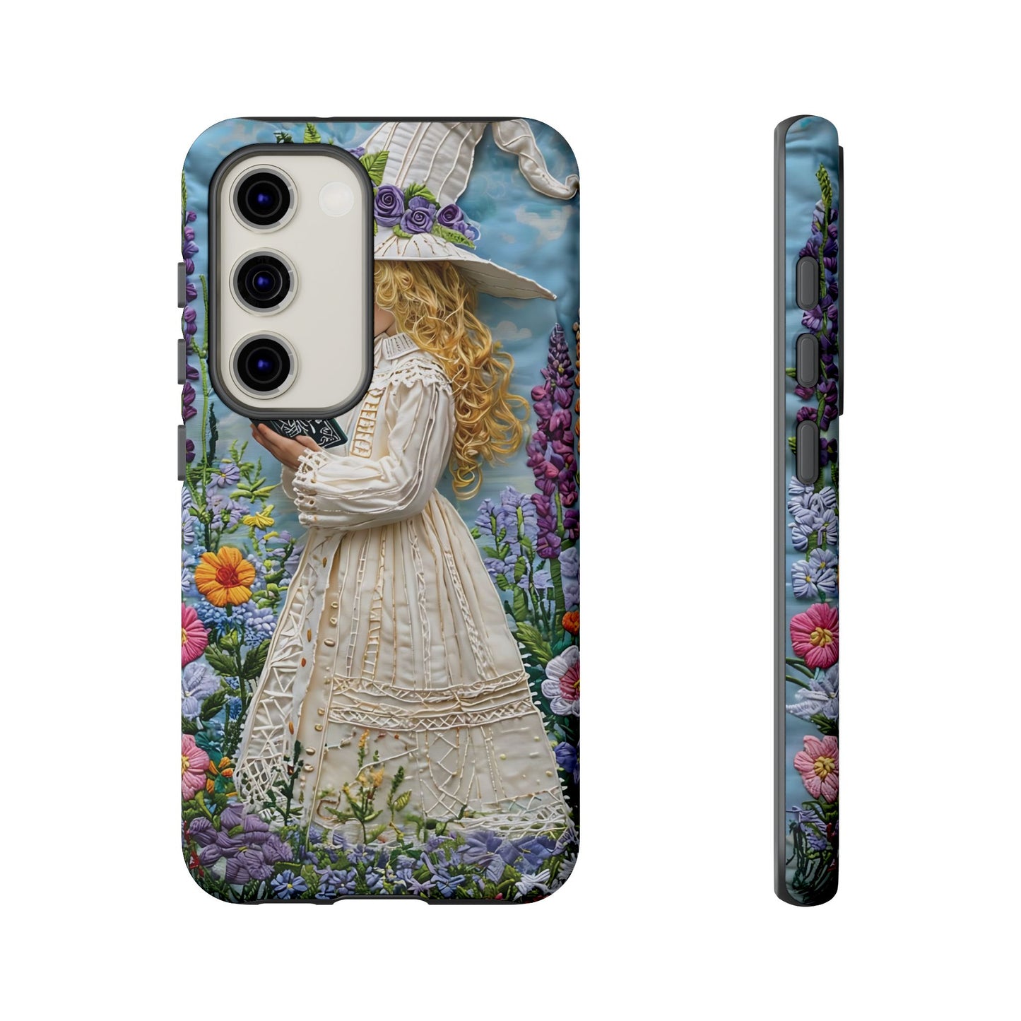 Whimsical Embroidery Of A Girl Reading In A Garden phone case design.