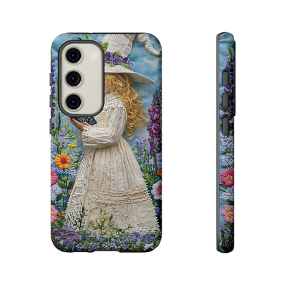Whimsical Embroidery Of A Girl Reading In A Garden phone case design.
