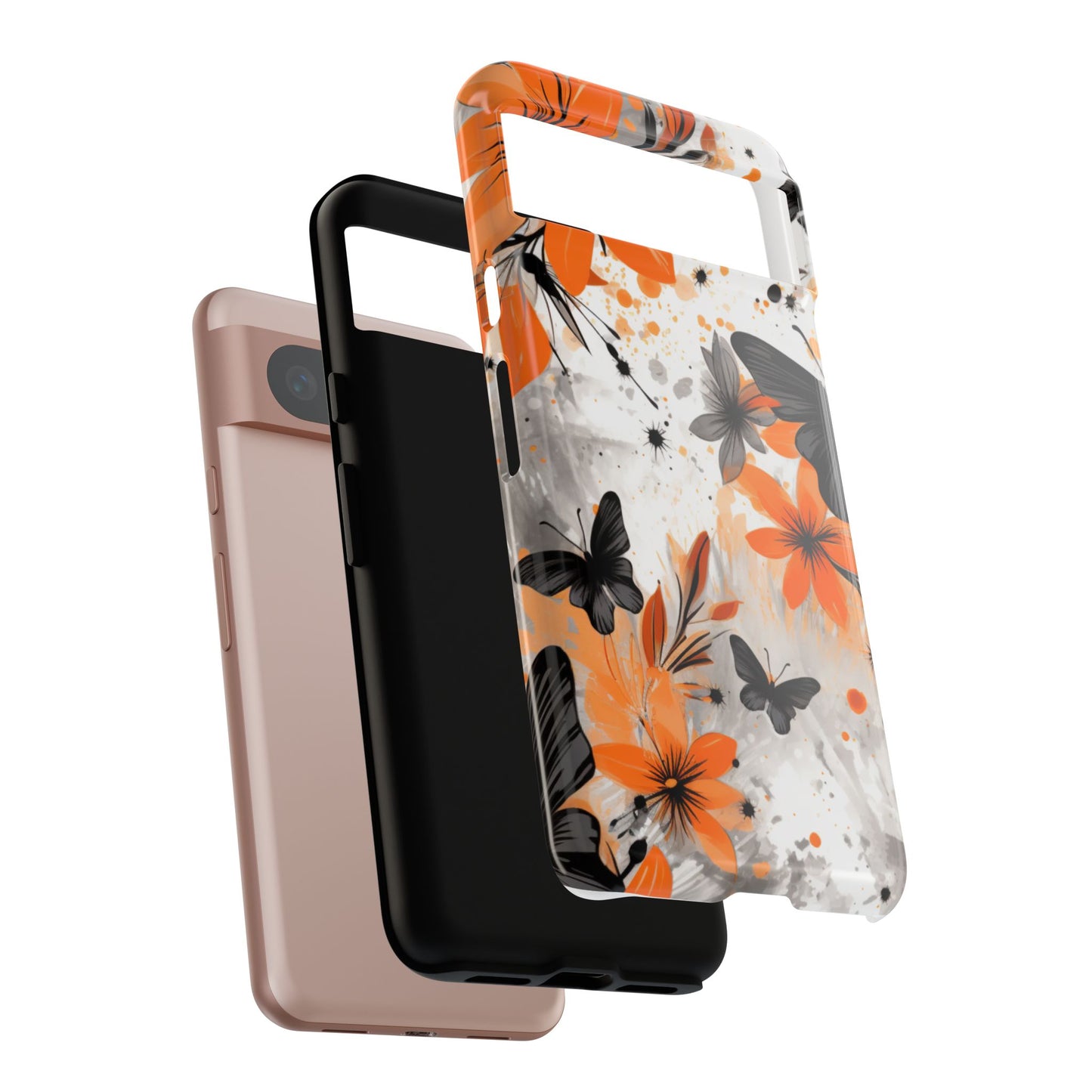 Bold Butterfly & Floral Splash Mobile Cover – Black & Orange Aesthetic