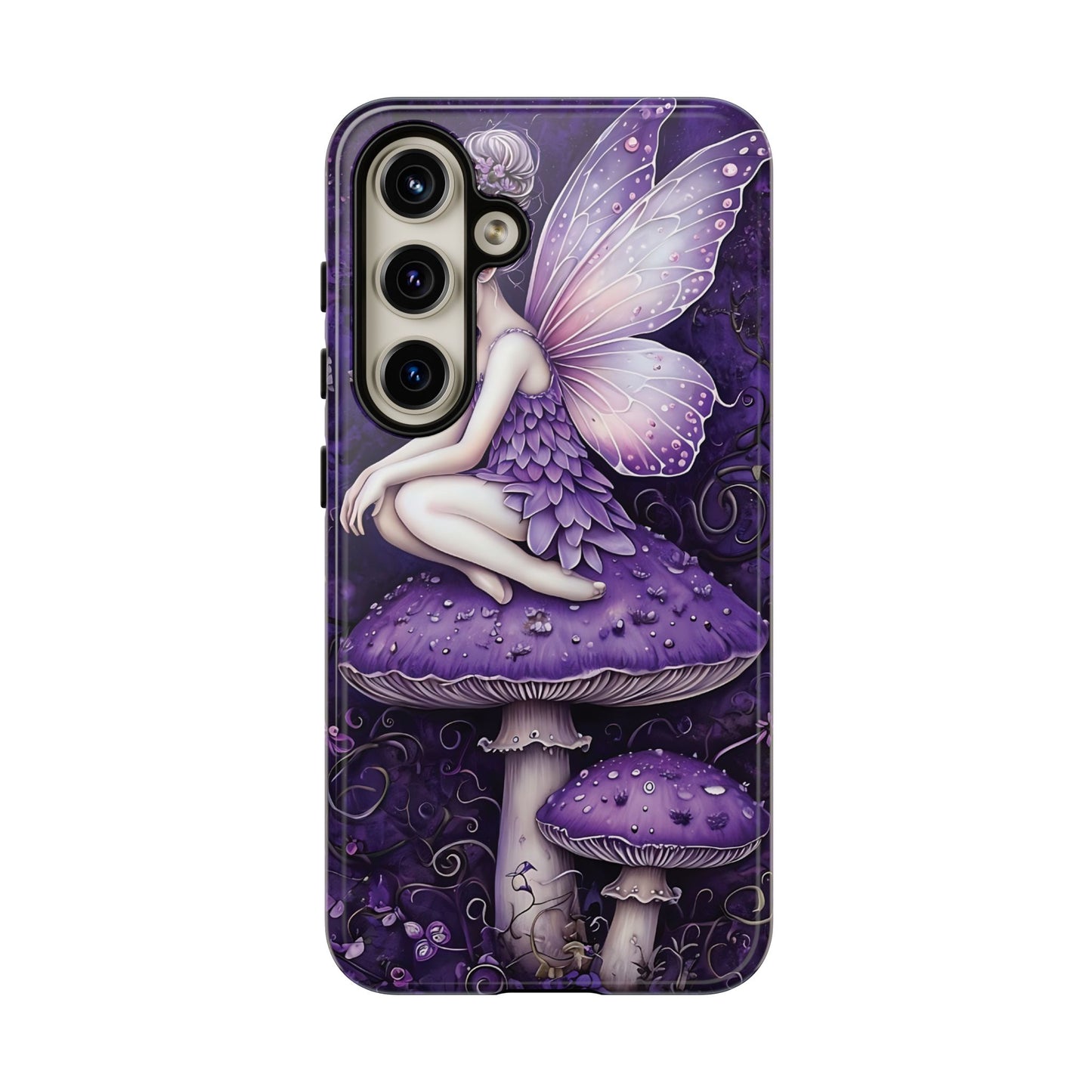 Whimsical Fairy Seated On Purple Mushroom In Enchanting Scene phone case design.