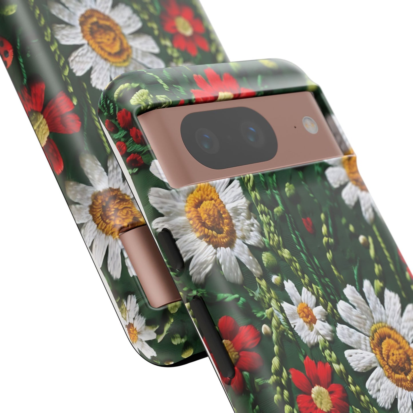 Intricate Embroidered Fabric Featuring Daisies And Ladybugs phone case design