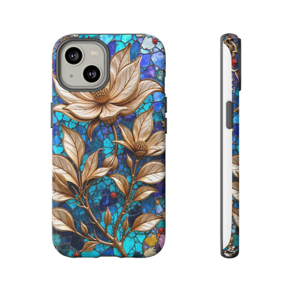 Golden Blossoms on Mosaic Blue Elegance
