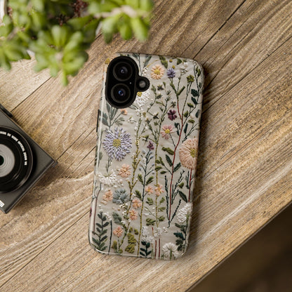 Intricate Embroidery Artwork Featuring Botanical Elements On Beige phone case design.