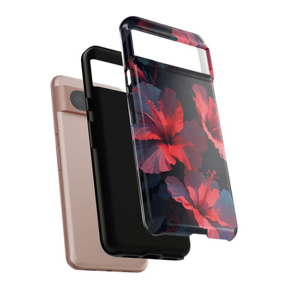 Vibrant red and pink hibiscus flowers blooming against a dark background| Floral phone case design