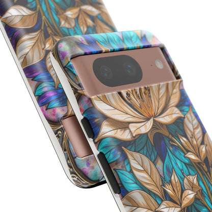 Majestic Golden Blossoms on Mosaic Blue Splendor