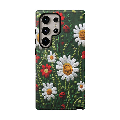 Intricate Embroidered Fabric Featuring Daisies And Ladybugs phone case design