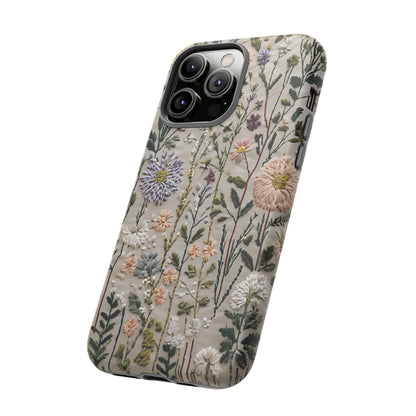 Intricate Embroidery Artwork Featuring Botanical Elements On Beige phone case design.