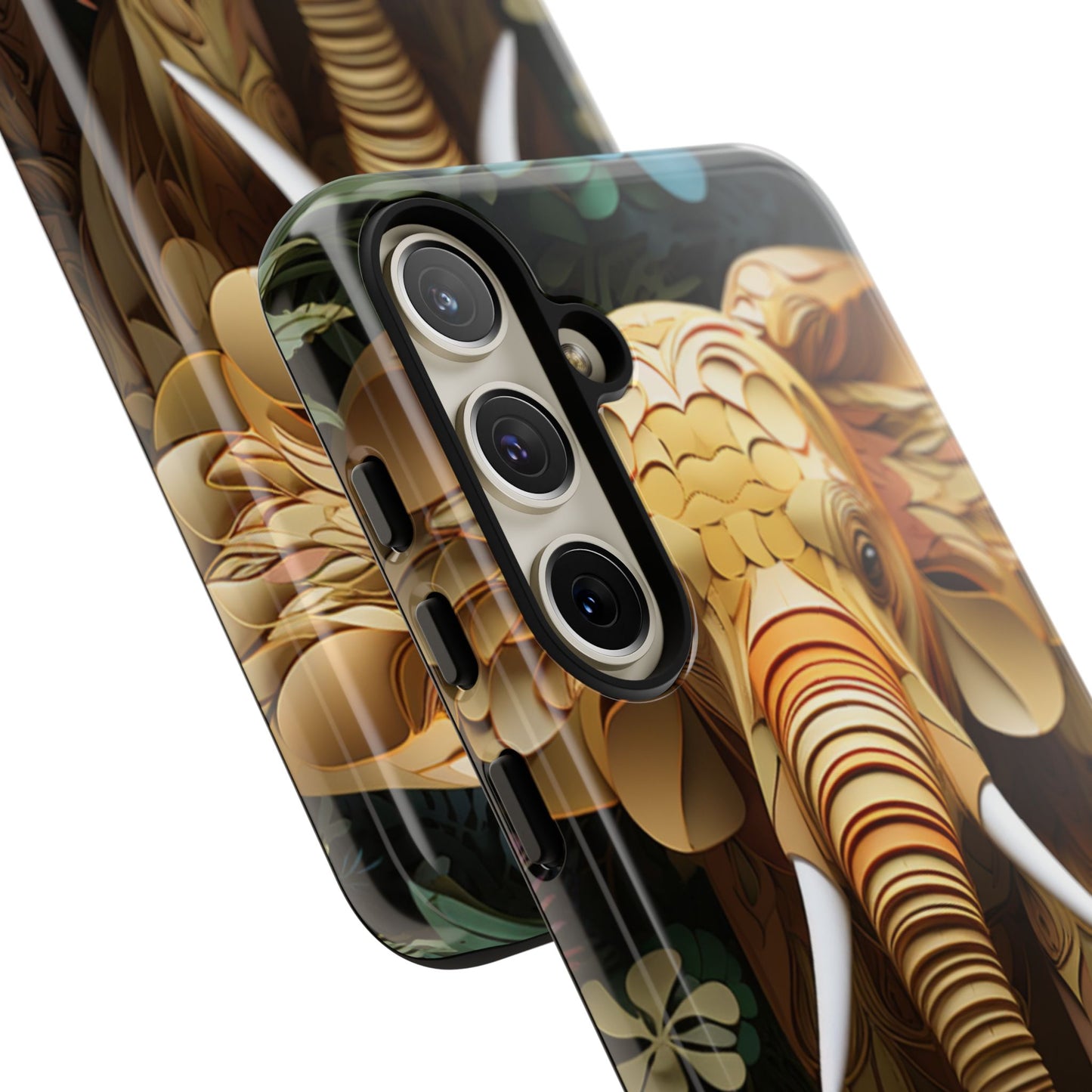 Golden Jungle Elephant Mobile Cover – Intricate Paper Art Design