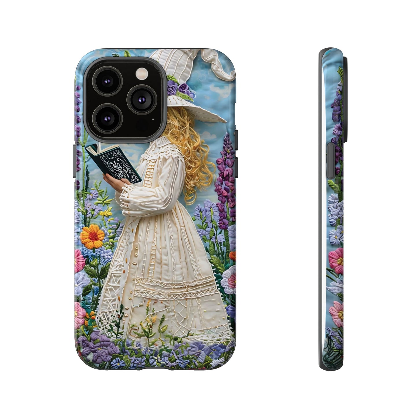 Whimsical Embroidery Of A Girl Reading In A Garden phone case design.