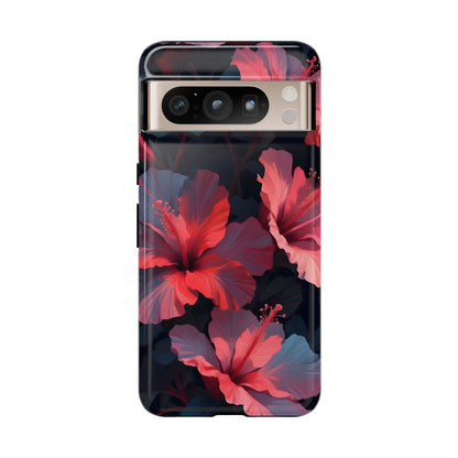 Vibrant red and pink hibiscus flowers blooming against a dark background| Floral phone case design