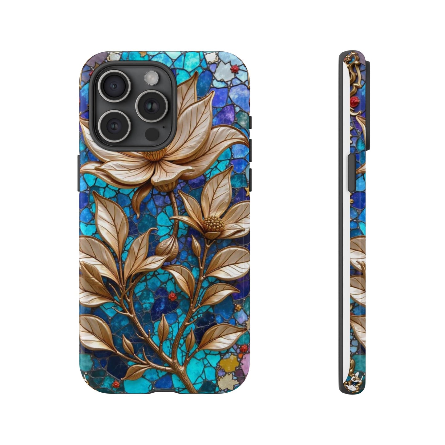 Golden Blossoms on Mosaic Blue Elegance