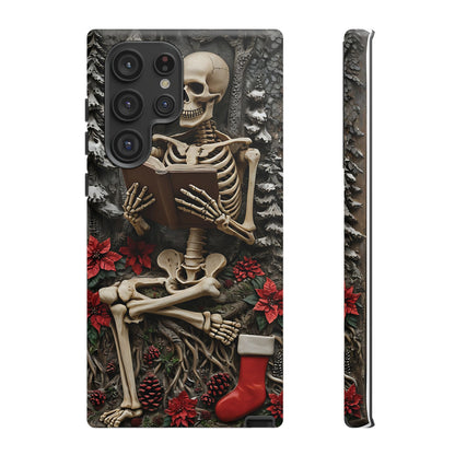 Surreal Relief Sculpture of Skeleton Reading Amidst Festive Decor phone case design