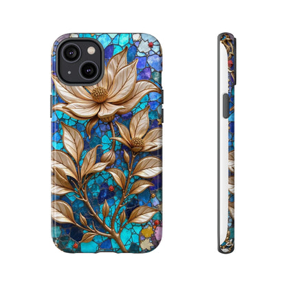 Golden Blossoms on Mosaic Blue Elegance