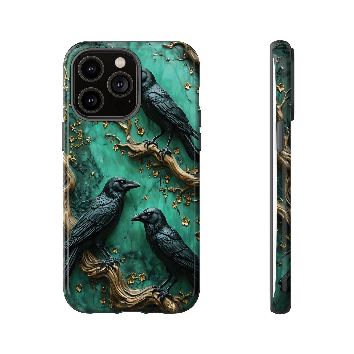 Three Black Ravens Perched On Gold-Accent Branches phone case design