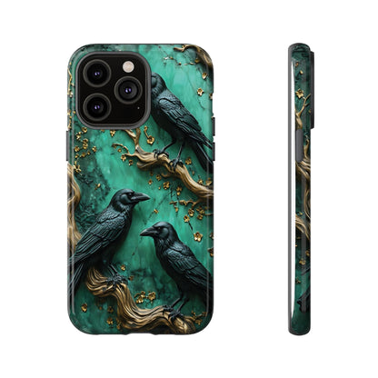 Three Black Ravens Perched On Gold-Accent Branches phone case design