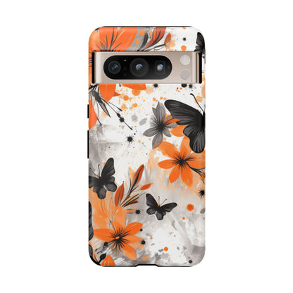 Bold Butterfly & Floral Splash Mobile Cover – Black & Orange Aesthetic