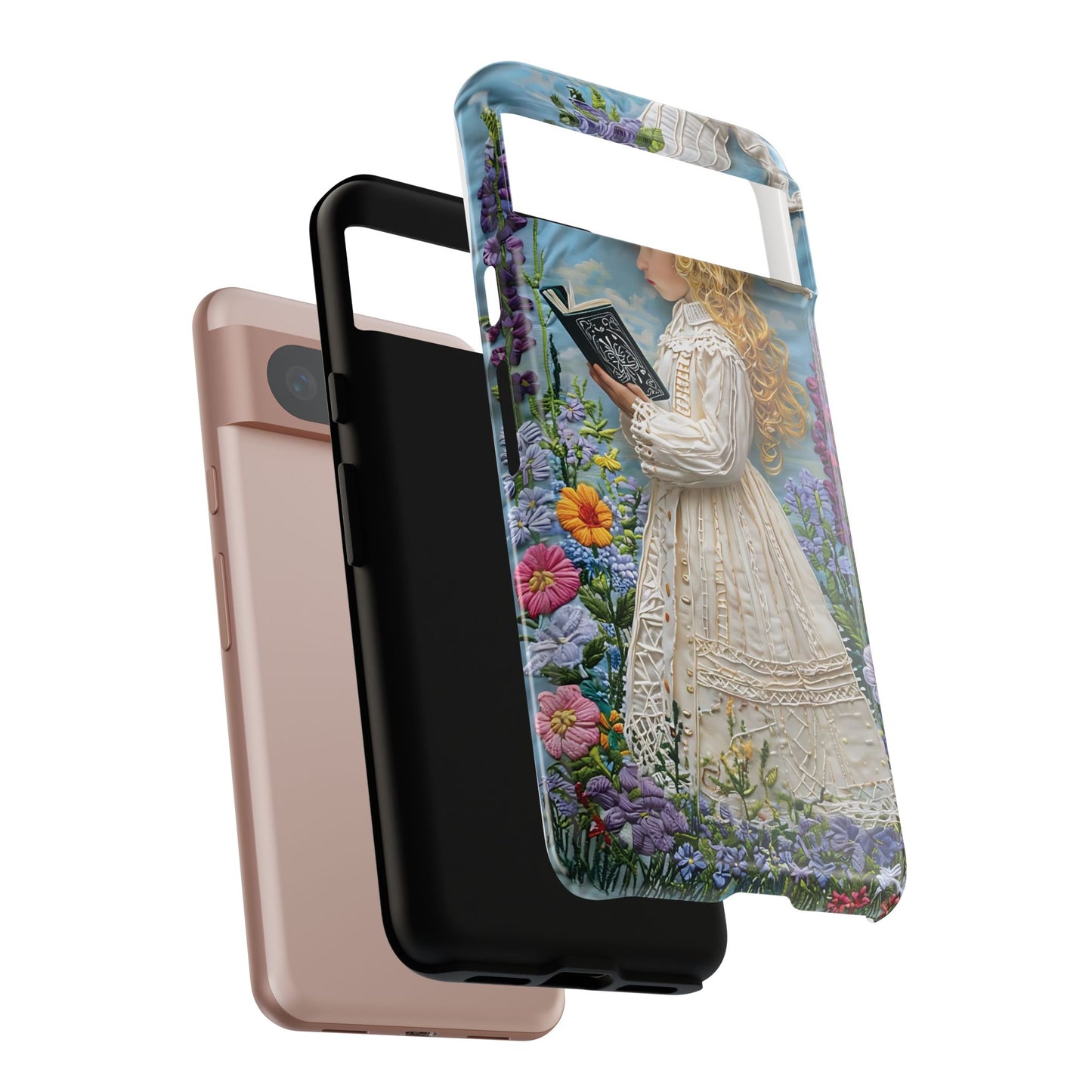 Whimsical Embroidery Of A Girl Reading In A Garden phone case design.