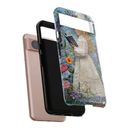 Whimsical Embroidery Of A Girl Reading In A Garden phone case design.