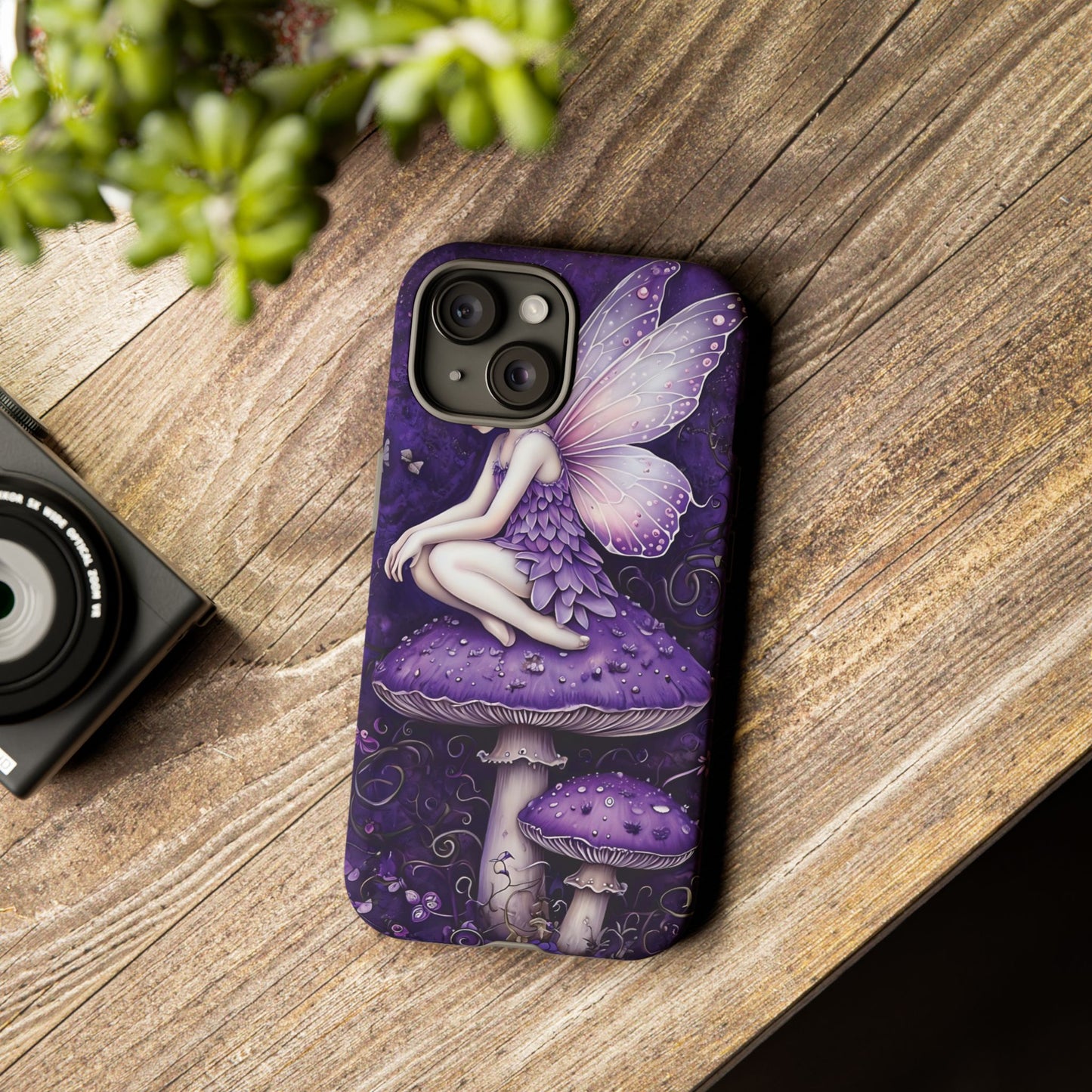 Whimsical Fairy Seated On Purple Mushroom In Enchanting Scene phone case design.