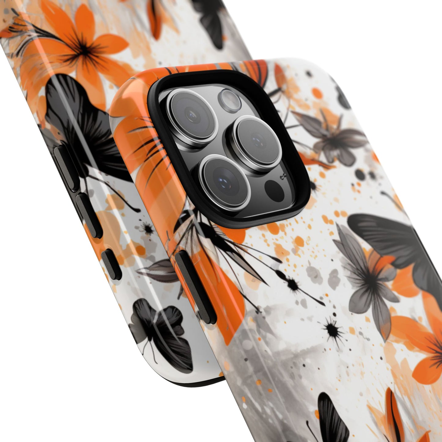 Bold Butterfly & Floral Splash Mobile Cover – Black & Orange Aesthetic