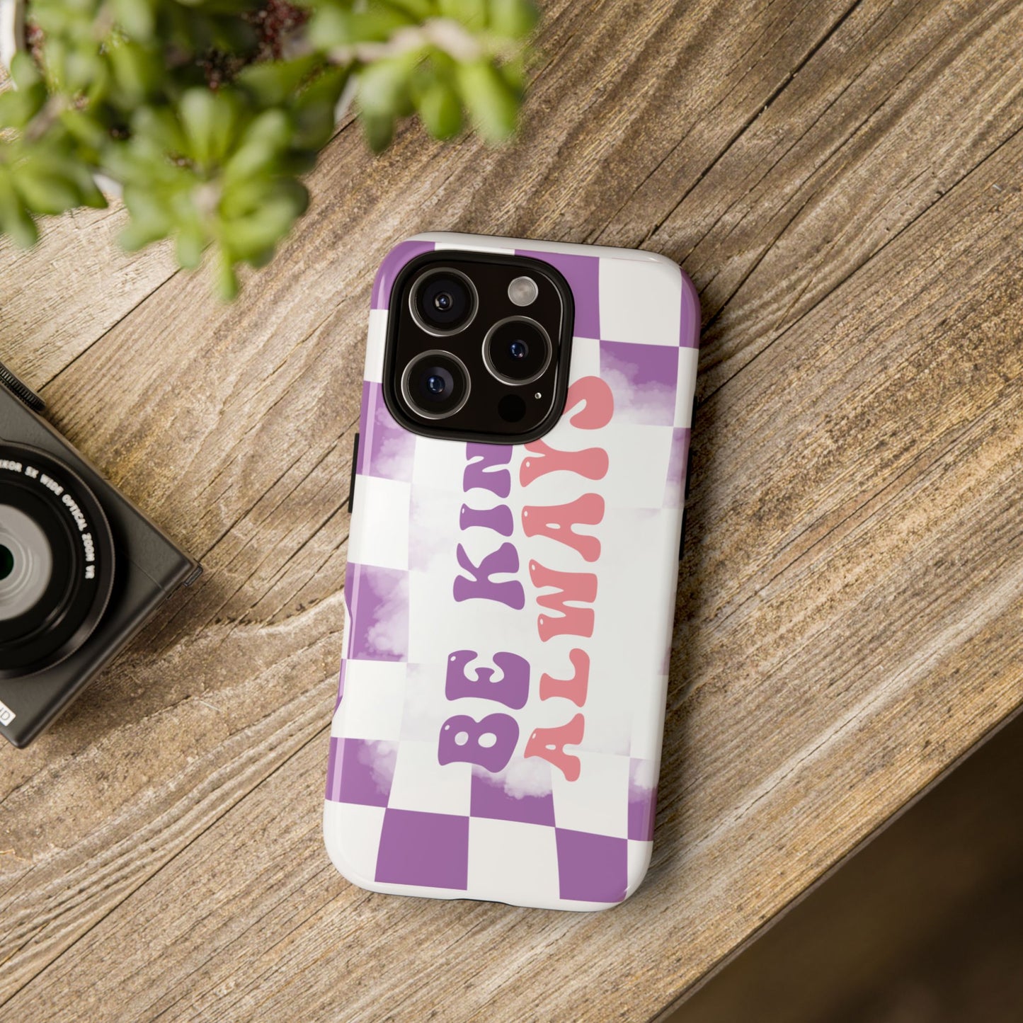 Be Kind Always Phone Case, Motivational Quote Cover for iPhone, Samsung & Google Pixel White Purple Checkered Pattern Phone Cover, Wavy Text Case, Kindness Phone Case, Inspirational Gift