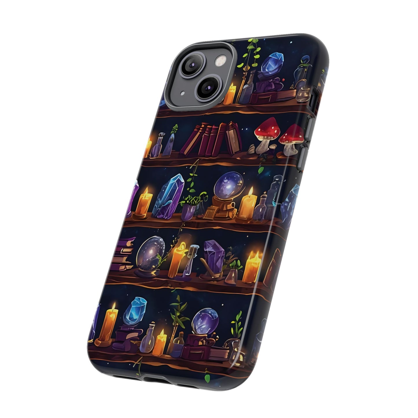 Fantasy Seamless Pattern Of Wooden Shelves Filled With Mystical Items phone case design.