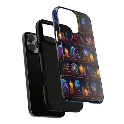 Fantasy Seamless Pattern Of Wooden Shelves Filled With Mystical Items phone case design.