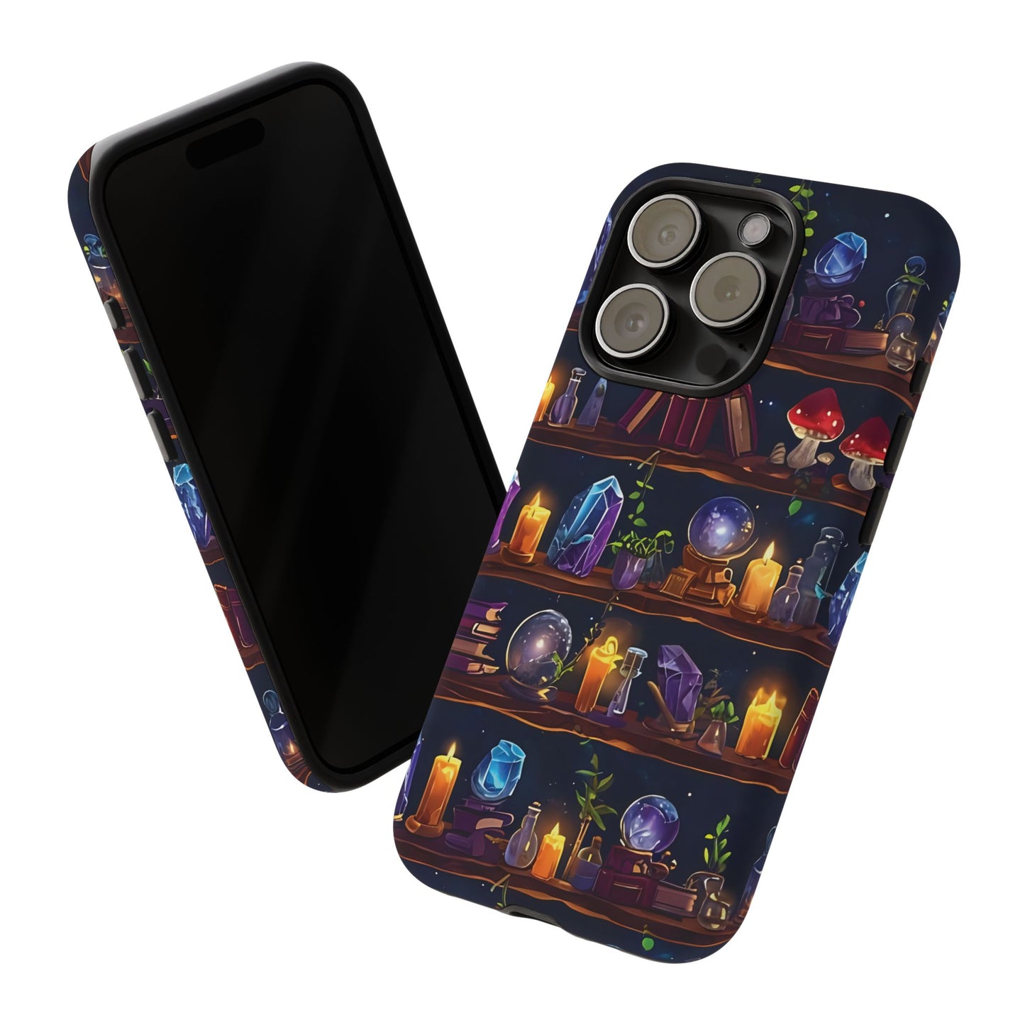 Fantasy Seamless Pattern Of Wooden Shelves Filled With Mystical Items phone case design.