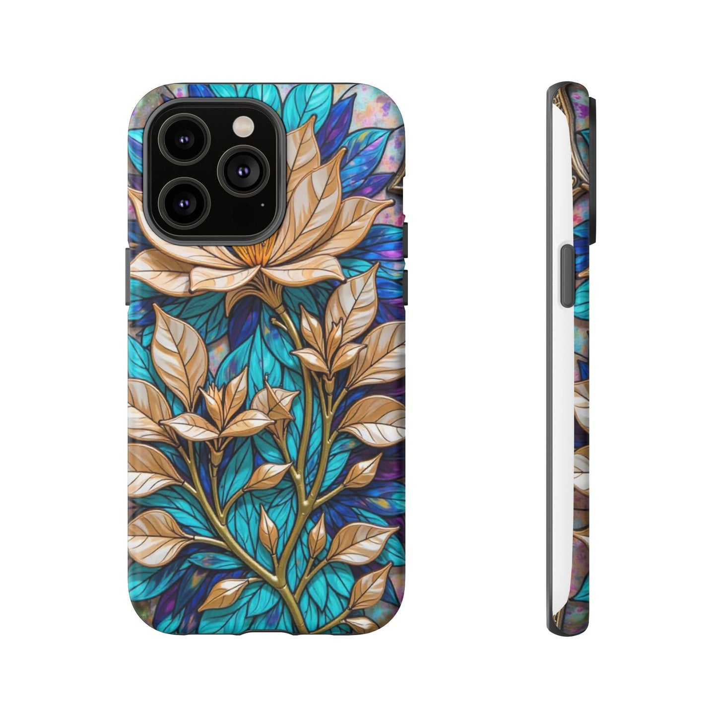 Majestic Golden Blossoms on Mosaic Blue Splendor