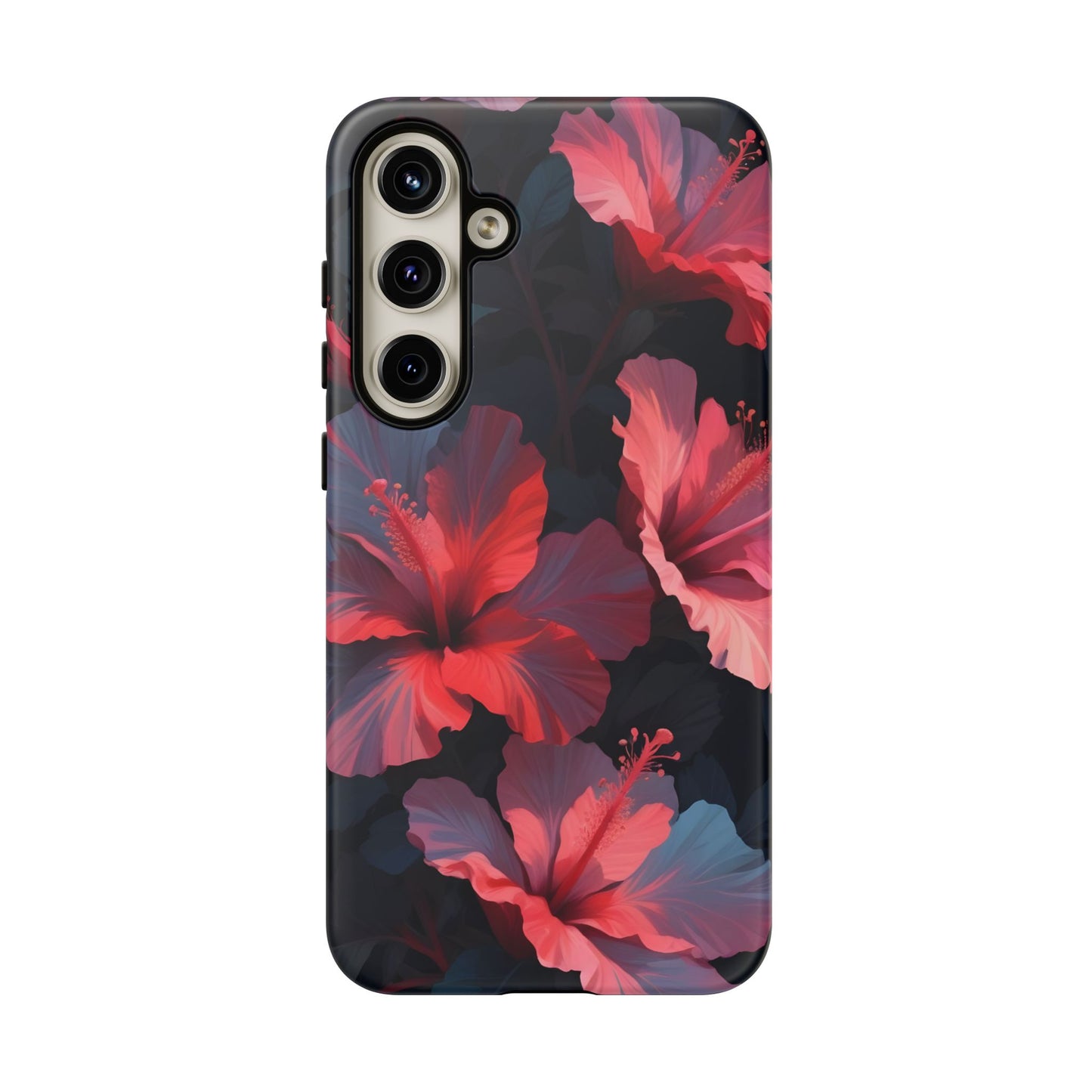 Vibrant red and pink hibiscus flowers blooming against a dark background| Floral phone case design