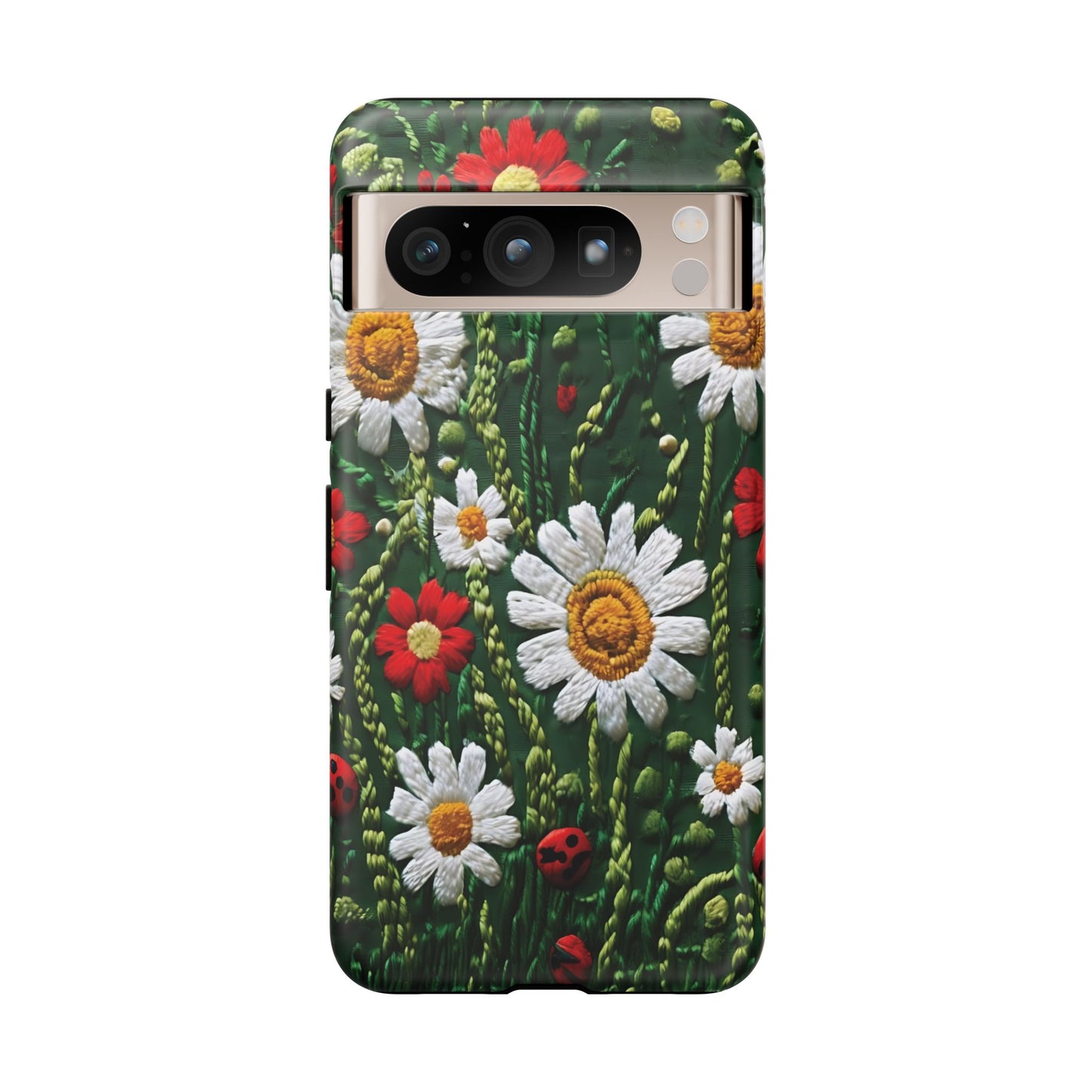 Intricate Embroidered Fabric Featuring Daisies And Ladybugs phone case design