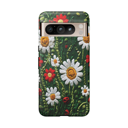 Intricate Embroidered Fabric Featuring Daisies And Ladybugs phone case design