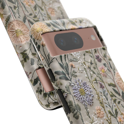 Intricate Embroidery Artwork Featuring Botanical Elements On Beige phone case design.