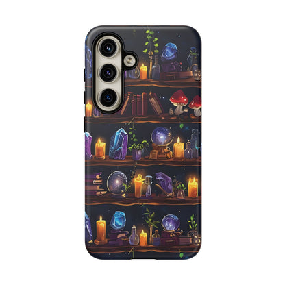 Fantasy Seamless Pattern Of Wooden Shelves Filled With Mystical Items phone case design.
