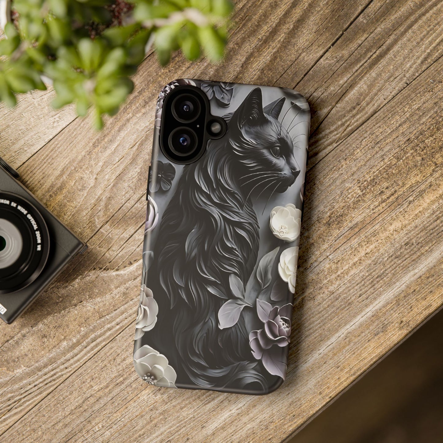 Intricate Bas-Relief Sculpture Of Black Cat Among Flowers phone case design