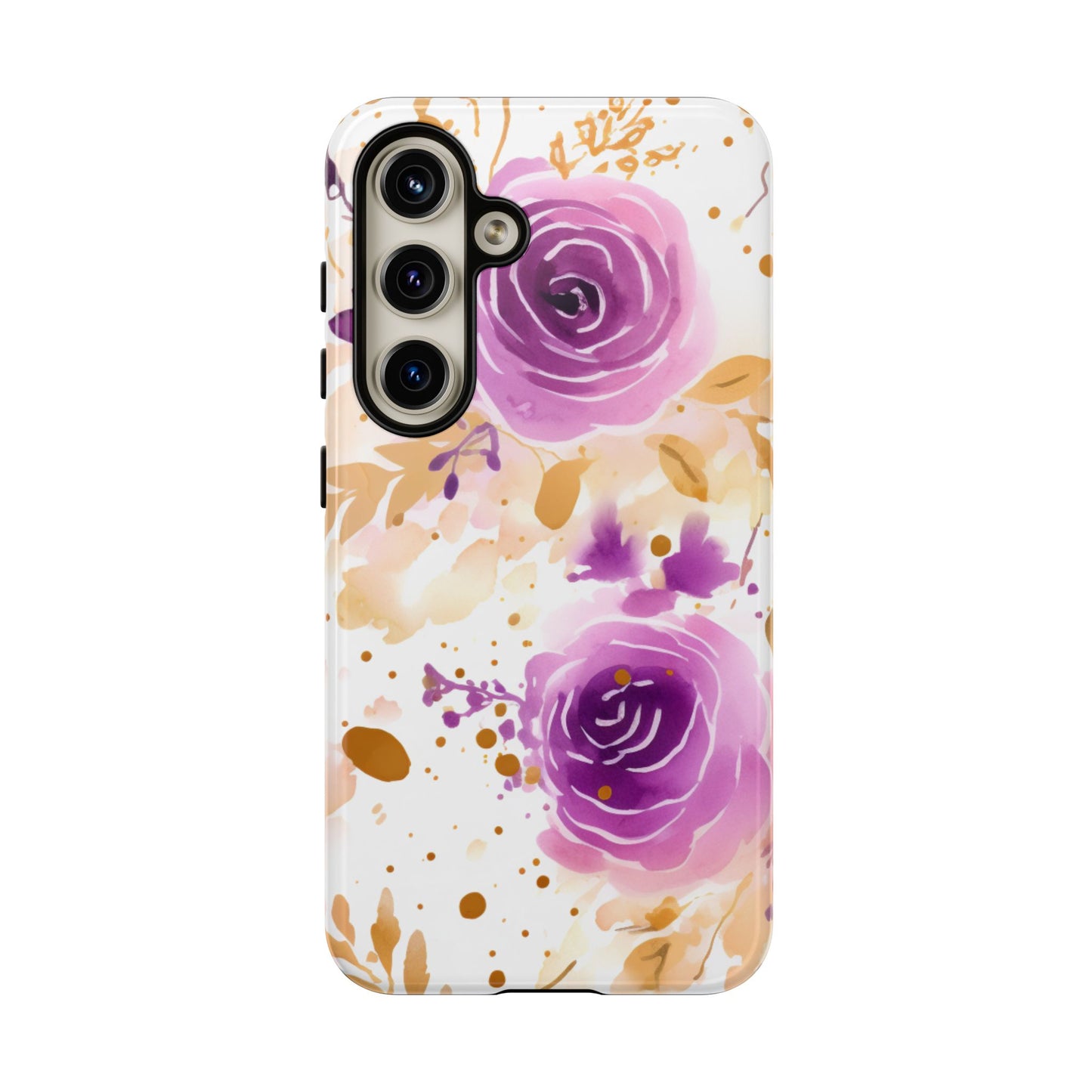 Purple Bloom Watercolor Mobile Case – Artistic Elegance in Gold & Lilac