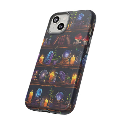Fantasy Seamless Pattern Of Wooden Shelves Filled With Mystical Items phone case design.
