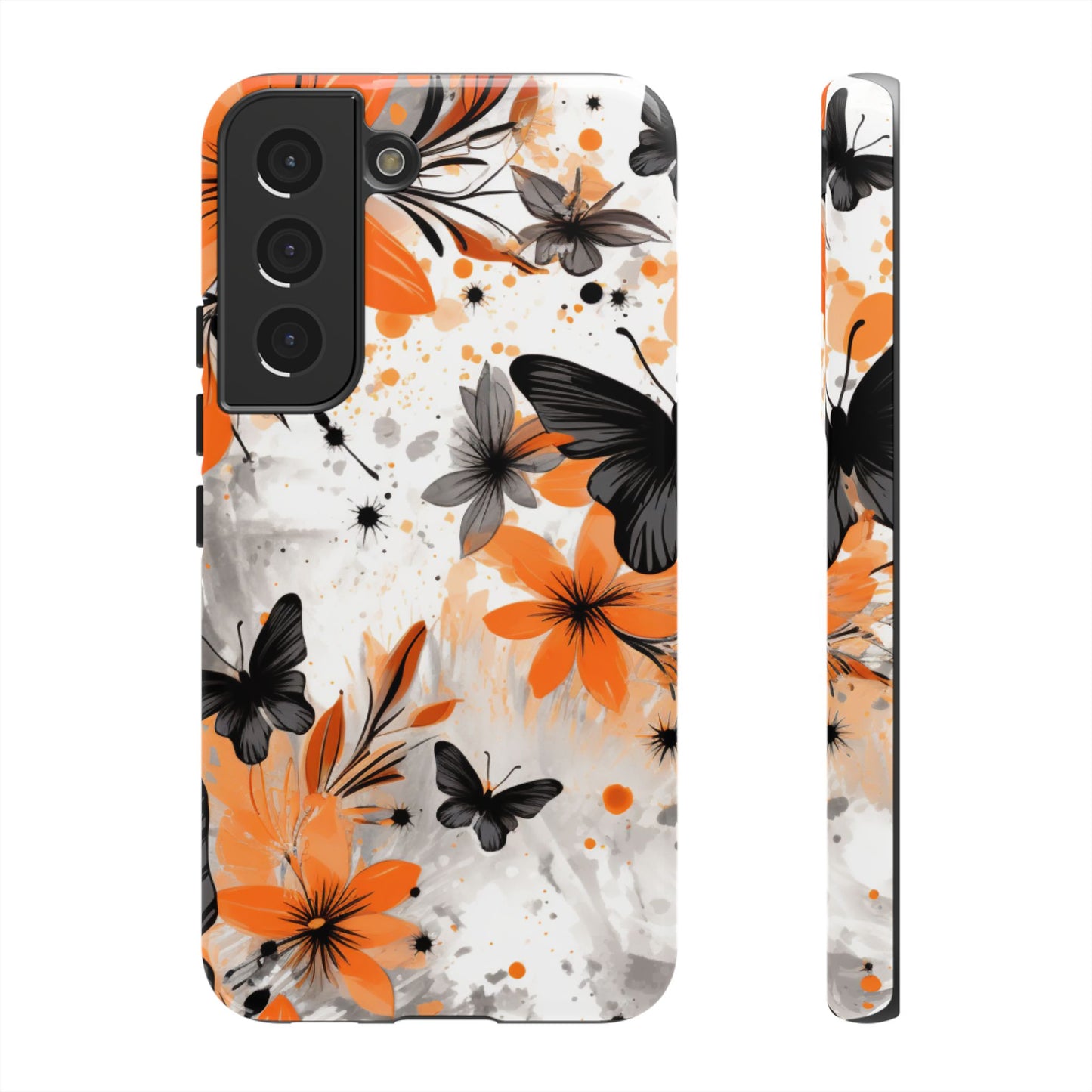 Bold Butterfly & Floral Splash Mobile Cover – Black & Orange Aesthetic