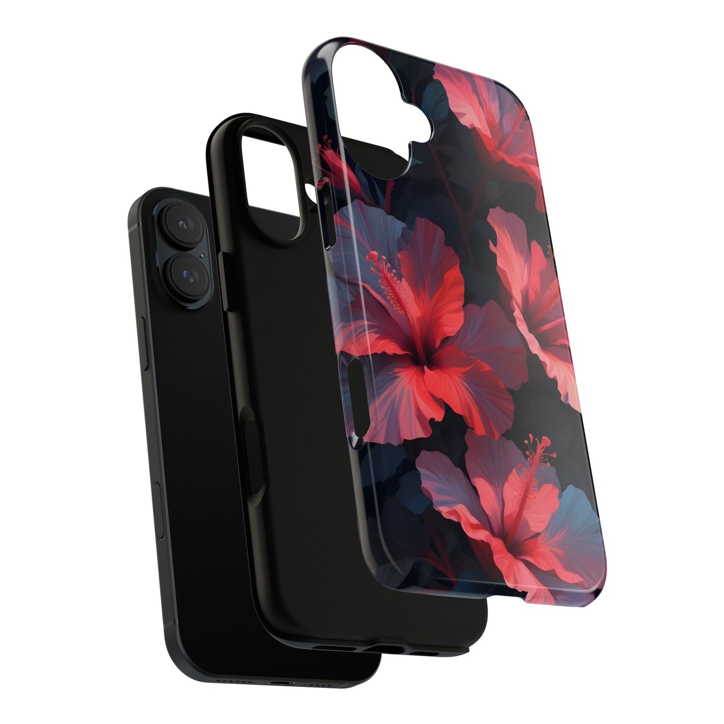 Vibrant red and pink hibiscus flowers blooming against a dark background| Floral phone case design