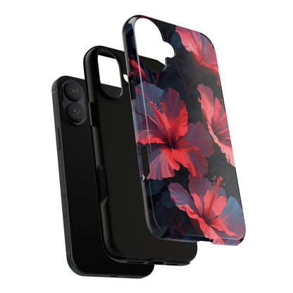 Vibrant red and pink hibiscus flowers blooming against a dark background| Floral phone case design