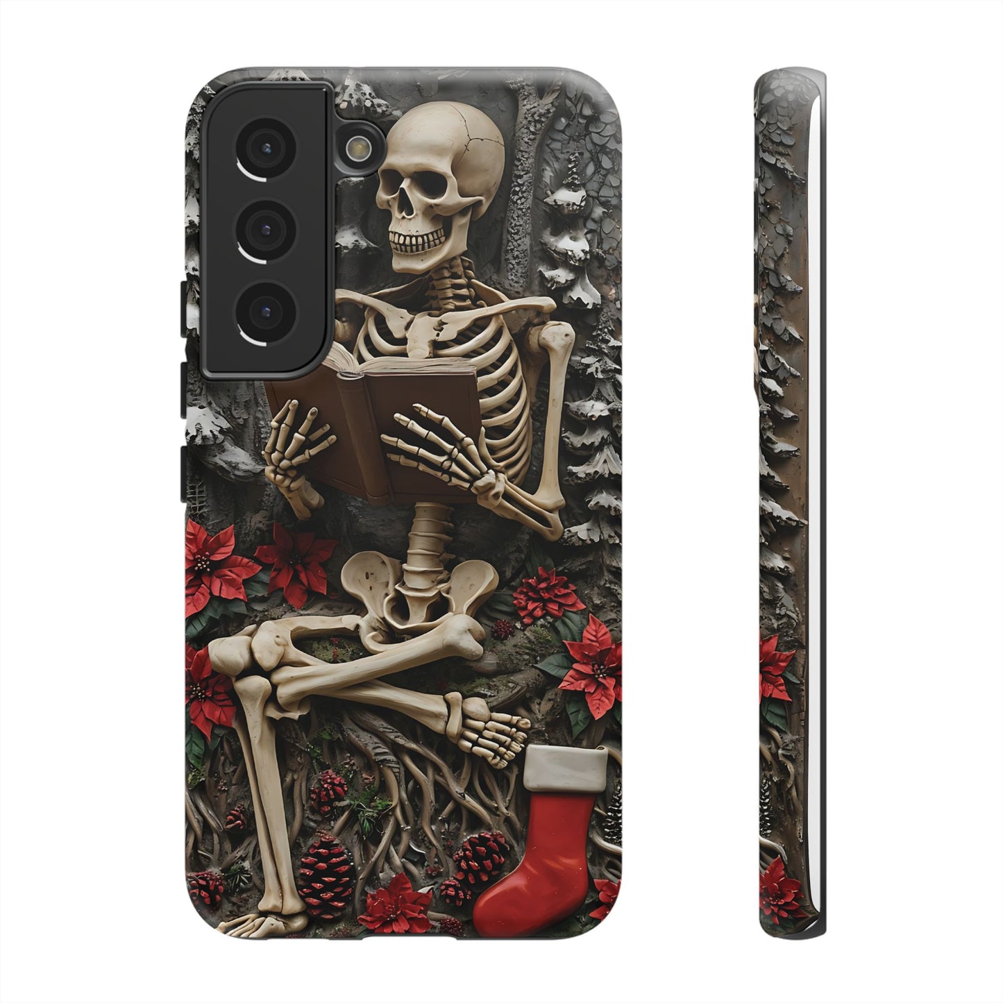 Surreal Relief Sculpture of Skeleton Reading Amidst Festive Decor phone case design