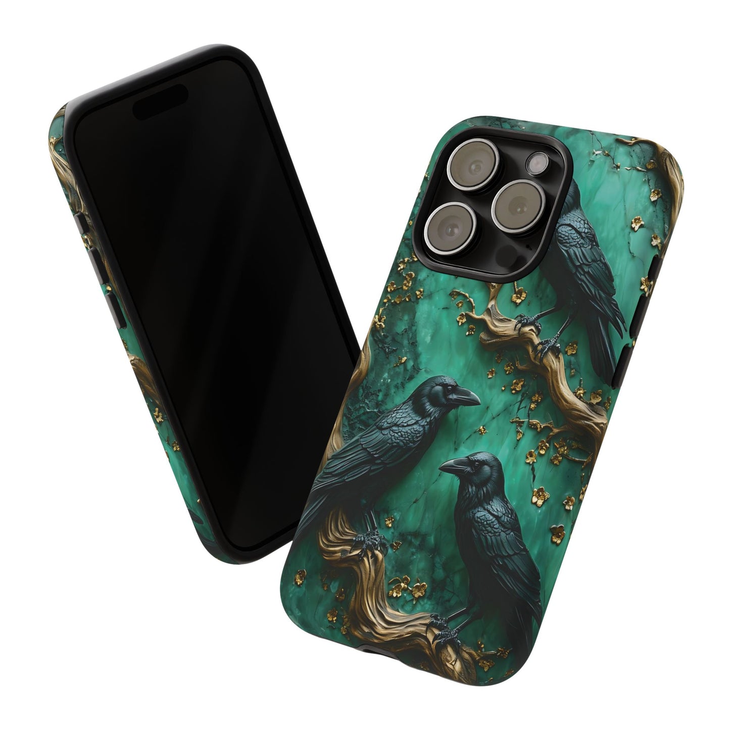 Three Black Ravens Perched On Gold-Accent Branches phone case design