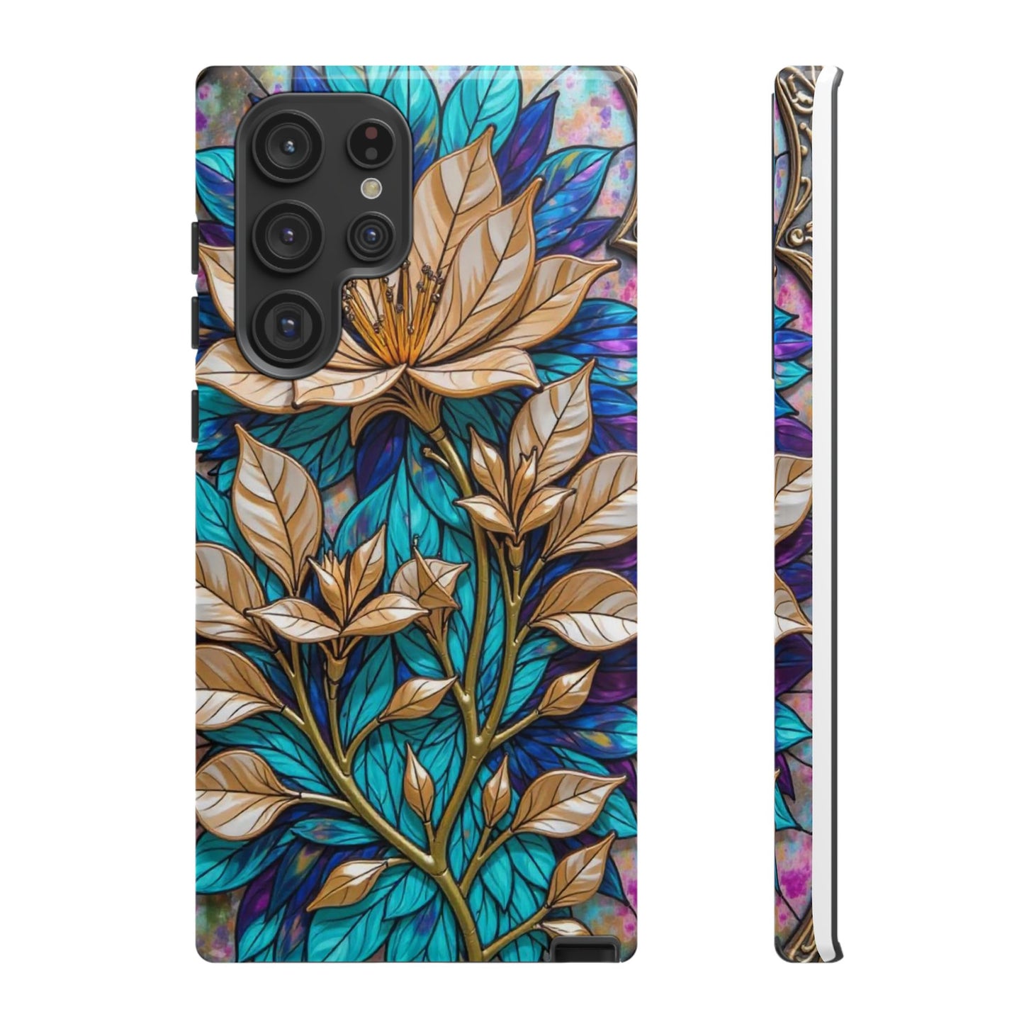Majestic Golden Blossoms on Mosaic Blue Splendor