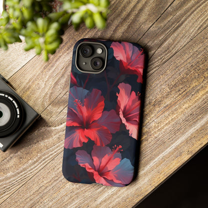Vibrant red and pink hibiscus flowers blooming against a dark background| Floral phone case design