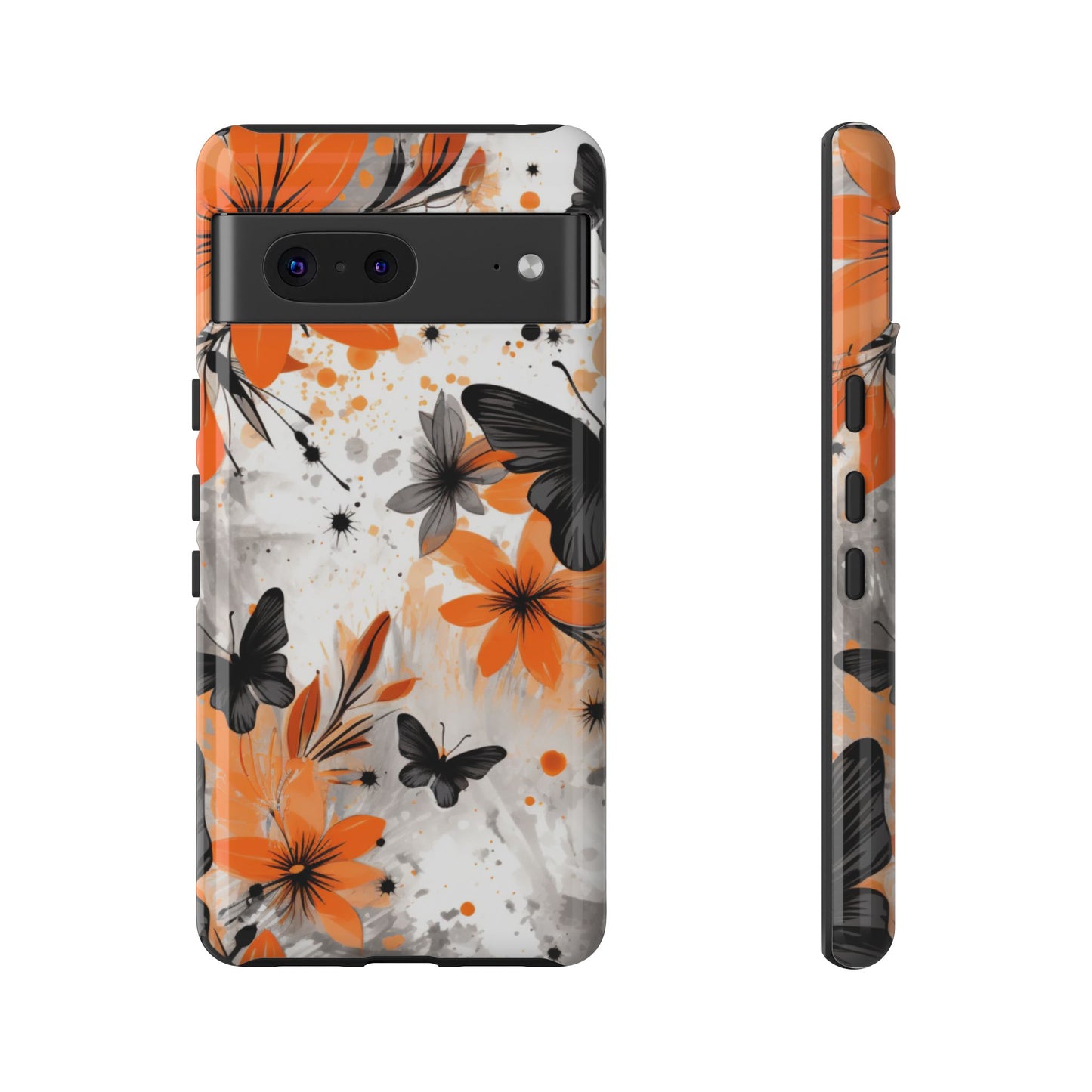 Bold Butterfly & Floral Splash Mobile Cover – Black & Orange Aesthetic